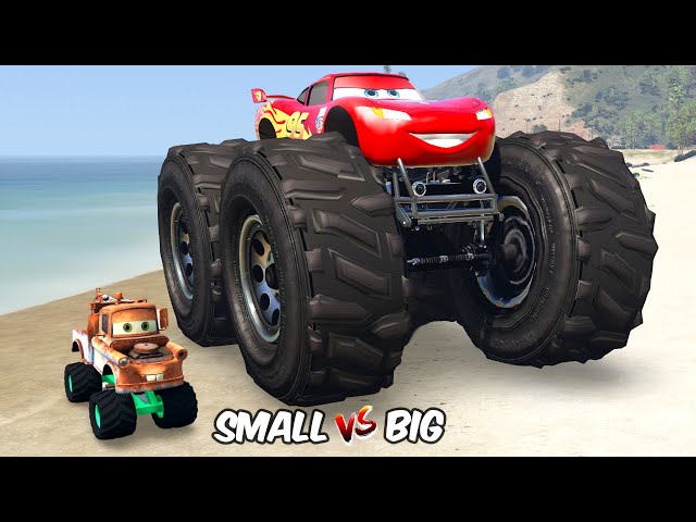 GTA 5 BIG LIGHTNING MCQUEEN MONSTER TRUCK vs BEAMNG SMALL TOW MATER MONSTER TRUCK