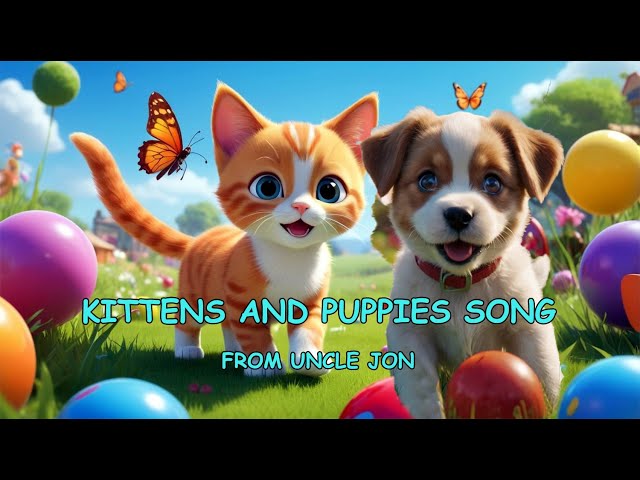 Kittens and puppies playing in toy wonderland