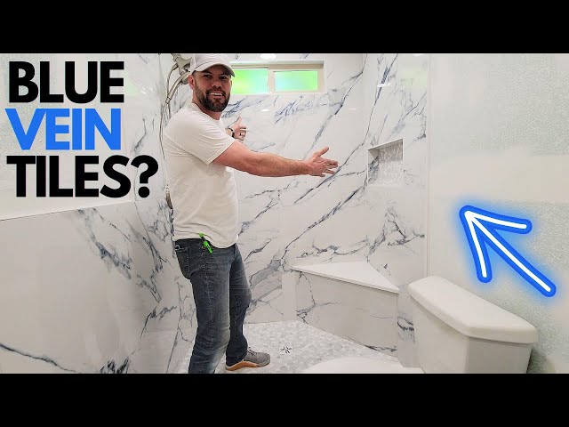 This BIG Blue Carrara Tile Shower is One of a Kind!