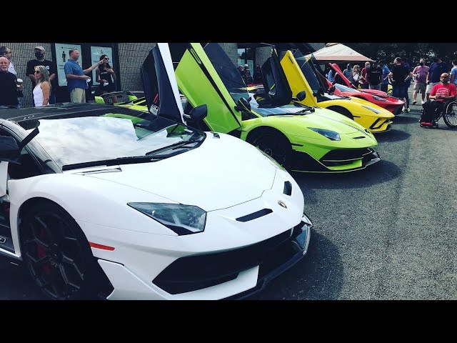 Lamborghini Aventadors Arriving And Leaving Car Show