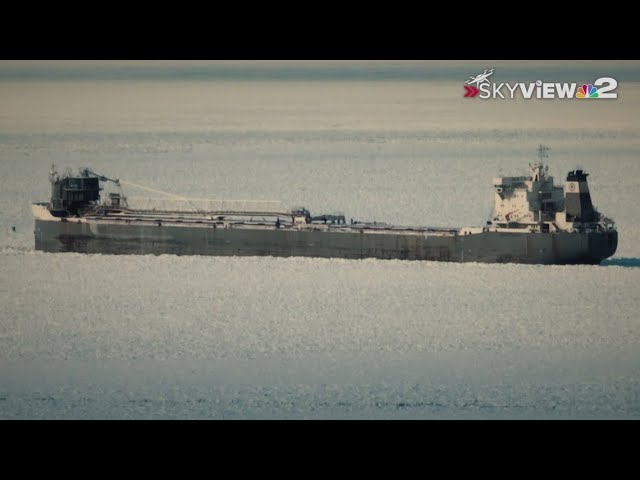 A Canadian freighter is trapped in ice on Lake Erie