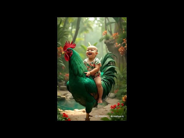 rooster is walking slowly and baby boy is laughing