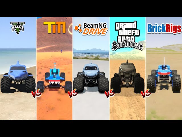 GTA 5 MEGALODON SHARK MONSTER JAM TRUCK vs BEAMNG vs BRICKRIGS vs GTA SA vs TRAILMAKERS