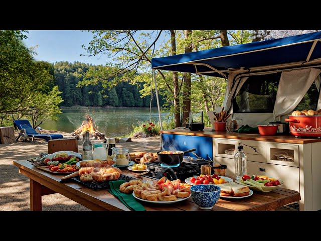 Camping Kitchen Space in Spring - Crackling Wood Fire and Softly Bubbling Soup beside Lakeside