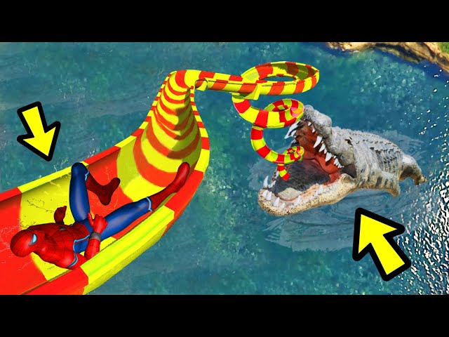 GTA 5 CROCODILE  Water Slides SPIDERMAN  - WATER RAGDOLLS (Euphoria Ragdolls) ep.10