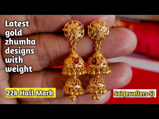 Latest gold jhumka designs with weight/gold jhumka earrings designs/daily wear gold jhumka designs