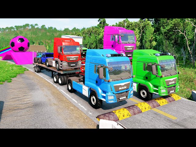 Double Flatbed Trailer Truck vs Speedbumps Train vs Cars  Tractor vs Train Beamng Drive 006