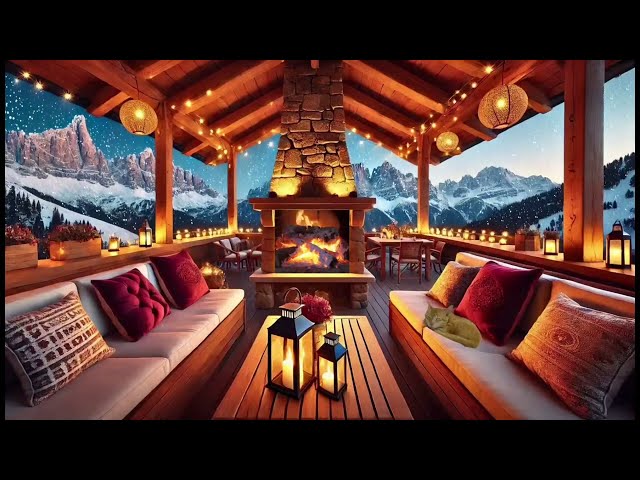 4K Breathtaking View 🎶🔥 Crackling Fireplace, Piano & Relaxation | Snow, Balcony & Luxury Scenery