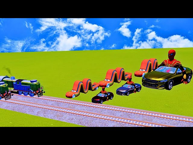 Big & Small Red Long Lightning McQueen vs Big & Small Spiderman BMW vs Trains Thomas BeamNG.Drive