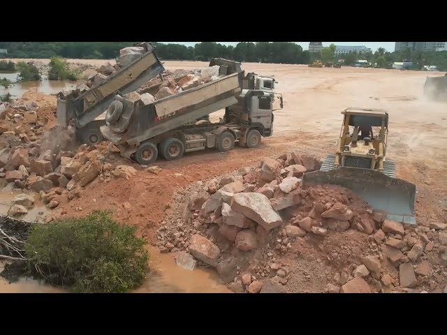 Updating Big Land Filling Process By Powerful Dozer Moving Rock & Dump Truck Huge Rock