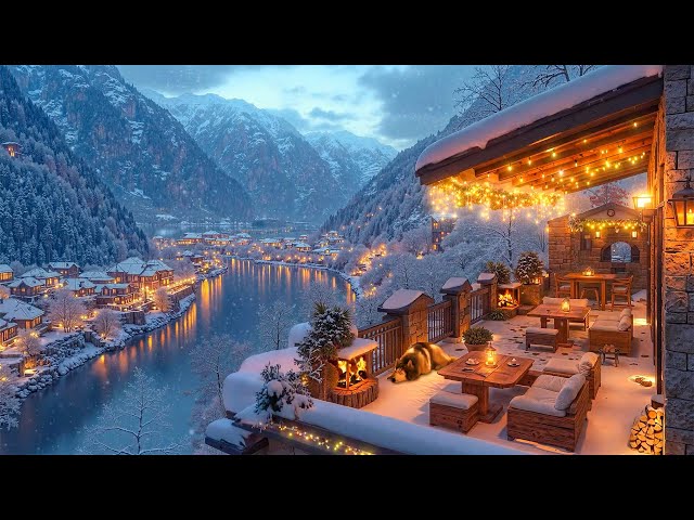 Enchanting Snowy Nights with Warm Jazz | Cozy Coffee Terrace, Fireplace Glow & Peaceful Winter Vibes