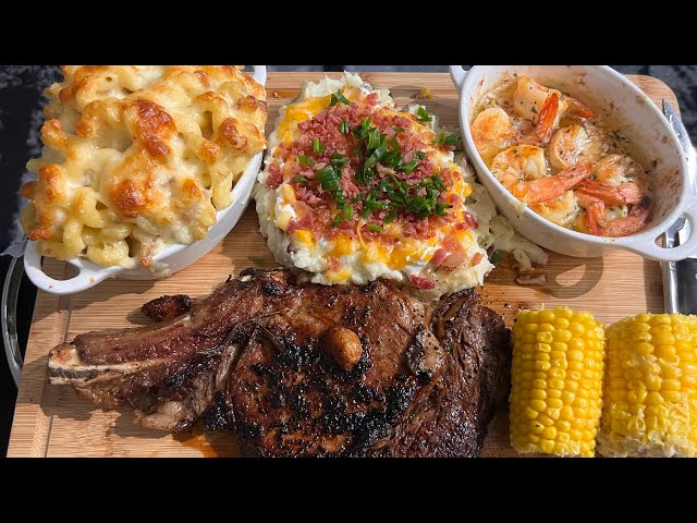 DINNER IDEA MAC N CHEESE, LOADED MASHED POTATOES, GARLIC BUTTER SHRIMP, CORN ON THE COB DATE NIGHT