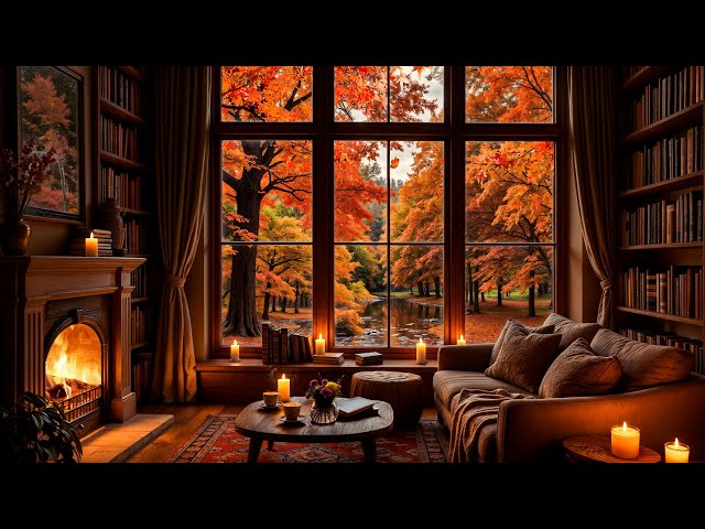 Cozy Autumn Reading Nook & Relaxing Jazz Music ☕📖 Fireplace Sounds and Jazz Music for Unwinding