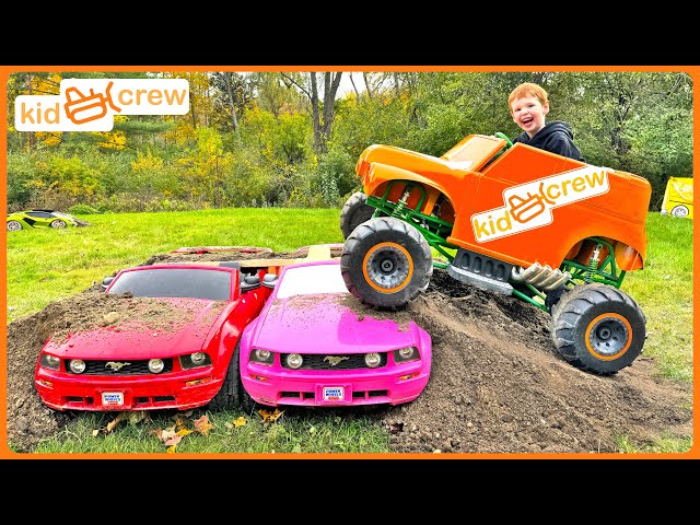 Crushing Power Wheels with ride on kids Monster Truck Educational how monster trucks work | Kid Crew