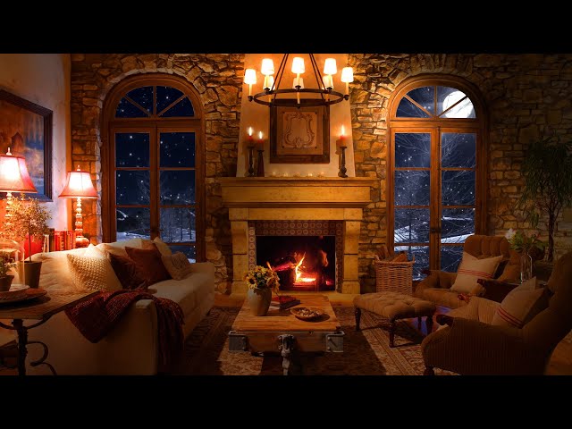 Blizzard Sounds and Livingroom Ambience - Snowstorm Sounds with Fireplace Crackling and Howling Wind