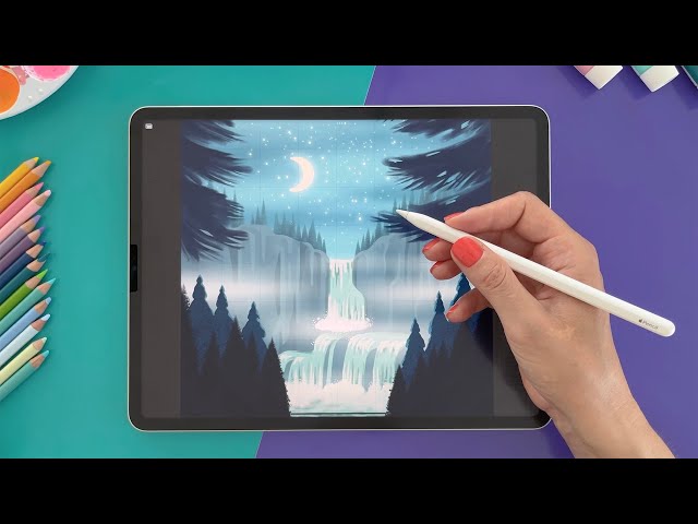 Draw a NIGHT SCENE with WATERFALL in PROCREATE (Procreate Class Trailer)