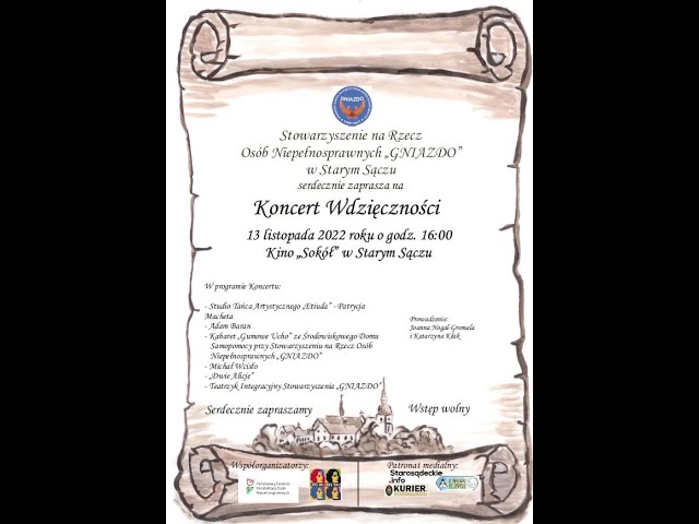 16. "Koncert Wdzięczności" Stowarzyszenie na rzecz osób niepełnosprawnych "Gniazdo" 13.11.2022