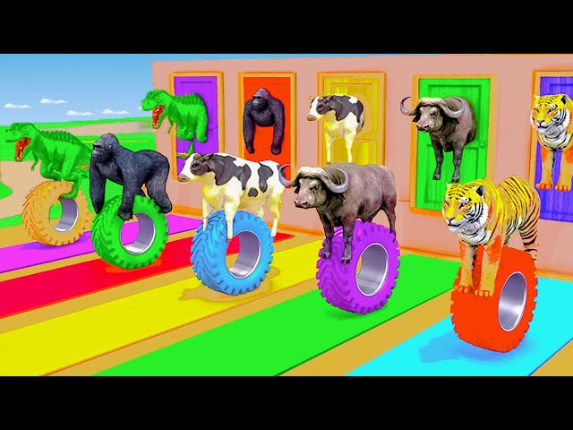 Paint Animals Lion Tiger Cow Elephant Gorilla Dinosaur T-rex Hippo Crossing Fountain Animals