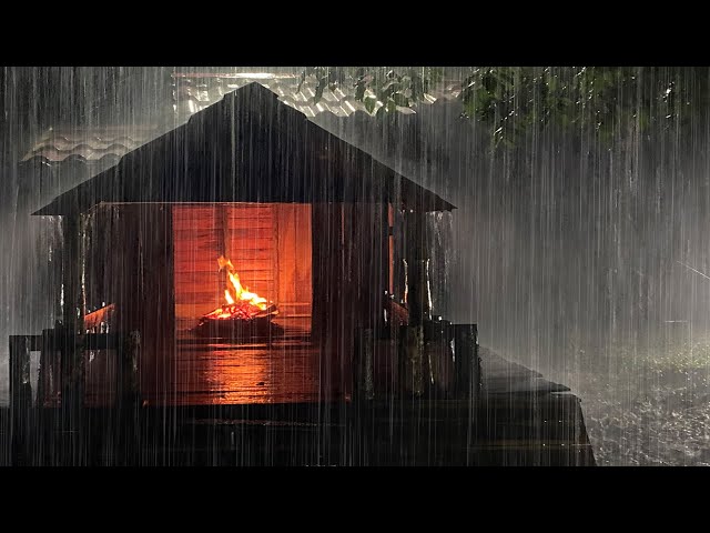 SLEEP QUICKLY 24/7 with Heavy Rain & Thunderstorm Sounds Covering Campfire in Old Farmhouse at Night