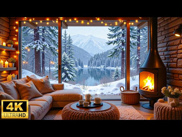 Winter Snowfall & Cozy Cabin Ambience ❄ Crackling Fire & Relaxing Piano Music & Stress Relief