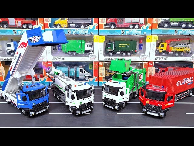 Diecast Trucks : Passenger Stair Truck, Dust Suppression Truck, Garbage Truck, Container Truck