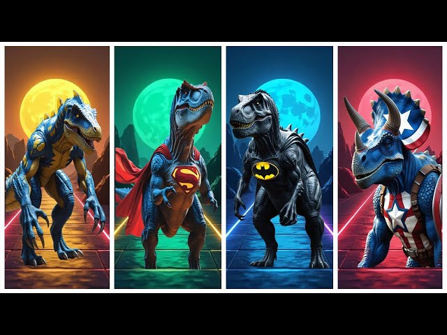 Tiles Hop EDM Rush | Superhero Dinosaurs vs Batman T-Rex vs Superman Raptor vs Captain Triceratops!