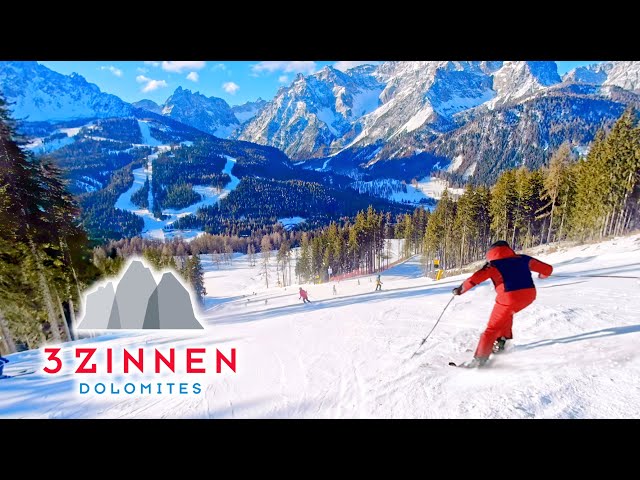 Skiing 3 Zinnen Dolomites Italy: Overview of the Resort & Sel. of blue/red pistes -Dolomiti Superski