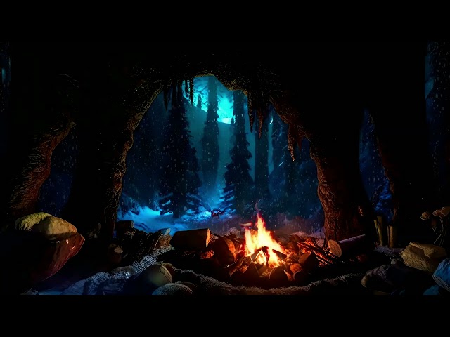 4K Cozy Winter Cave With A Crackling Fire Relax as Snow Falls Gently Outside | Winter Ambience