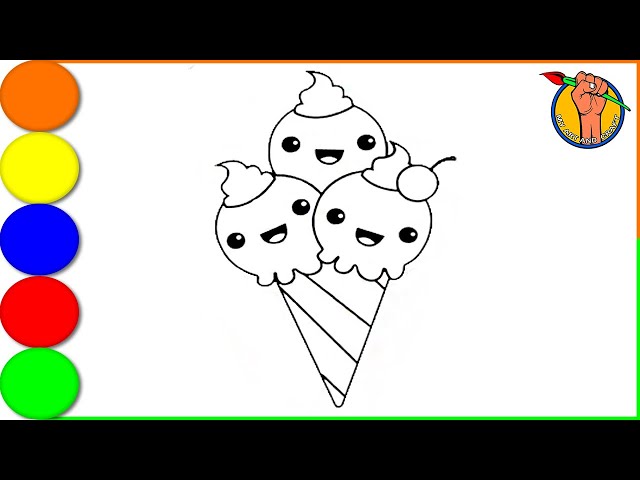 How To Draw Ice Cream Cone Cute For Kids | Ice Cream Drawing Easy With 3 Scoops