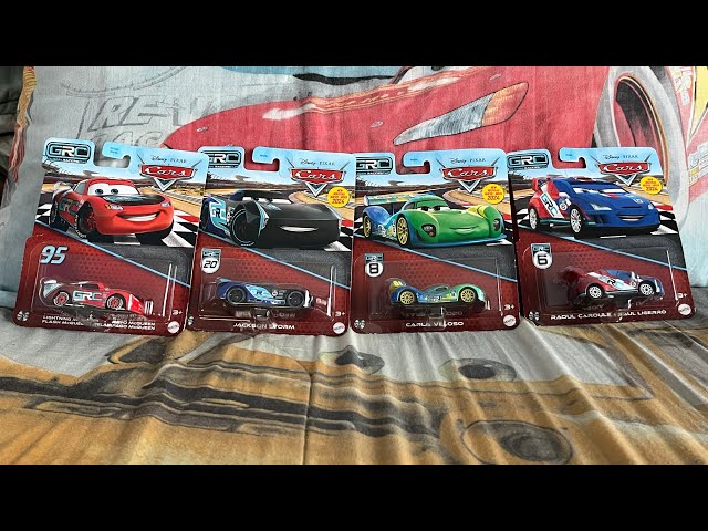 Pixar Cars GRC McQueen, Jackson Storm Carla Veloso and Raoul Caroule unboxing/comparison video