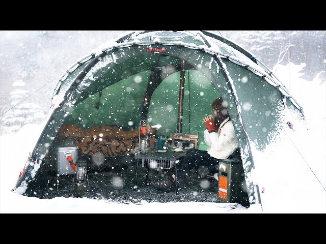 Camping in Heavy Snow | Snowing all day long, In a perfect Hot tent, very Cozy Camping | snow ASMR