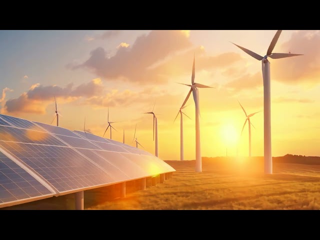 solar energy panels and wind turbines at sunset. 3d rendering, Modern Wind