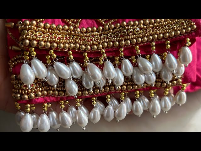 Hanging beads for aari blouse // make hand sleeve pearl hanging // aari work in normal needle