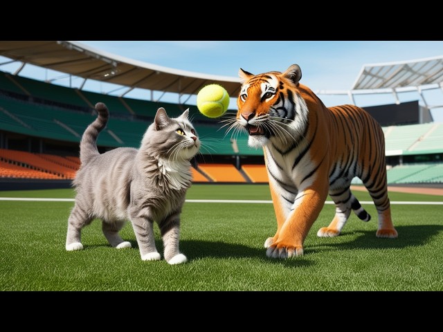 A cat and a tiger became friends and played ball together in the stadium