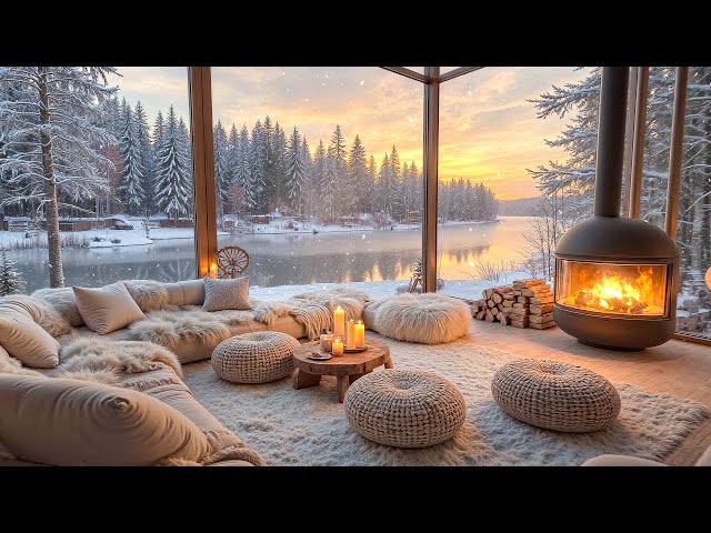 4K Fireplace Evening Jazz | Warm Balcony by the Lake with Soothing Jazz and Snowy Vibes