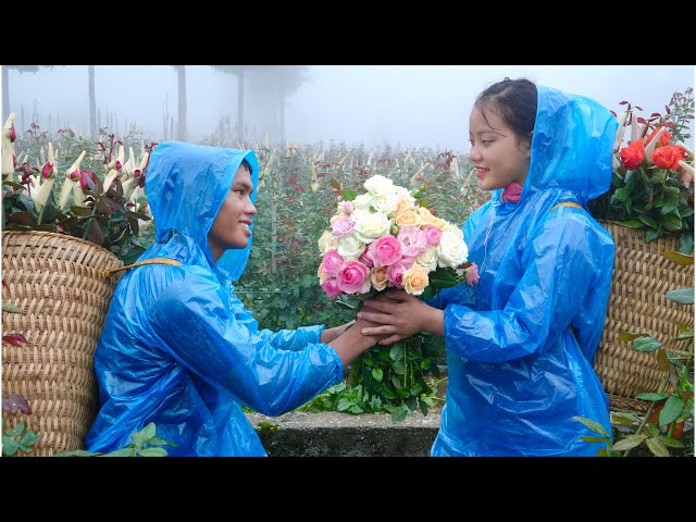 Love in a flower field: Cutting flowers in the rain in the first days of autumn