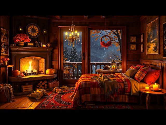 Cozy Cabin Winter Ambience ❄️✨ Relax with Jazz Music, Fireplace Glow, and Snowfall Outside