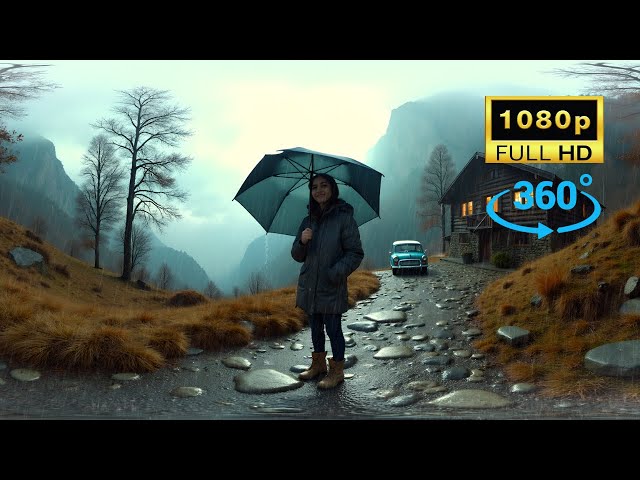 Rain Sounds for Sleeping with Thunder in 360°: Girl with Umbrella in Heavy Rainstorm