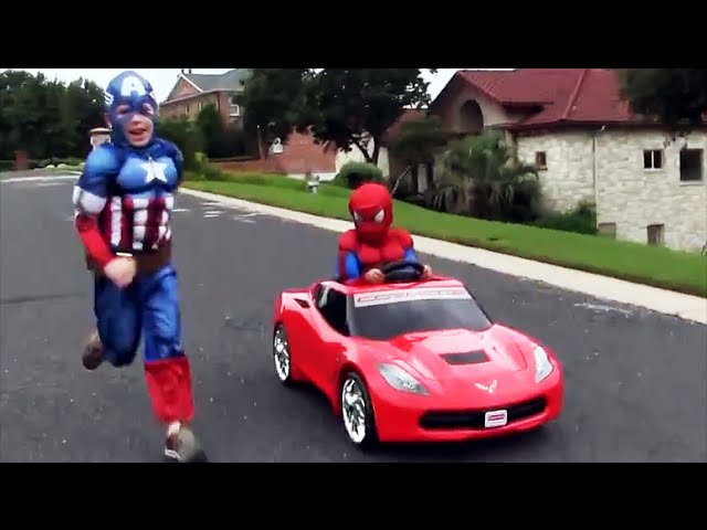 Power Wheels Corvette - Unboxing and Riding With Little Superheroes Spiderman and Captain America