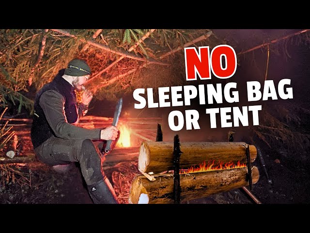 SURVIVING a night below FREEZING with Traditional NORDIC LOG FIRE [No Tent & No Sleeping Bag]