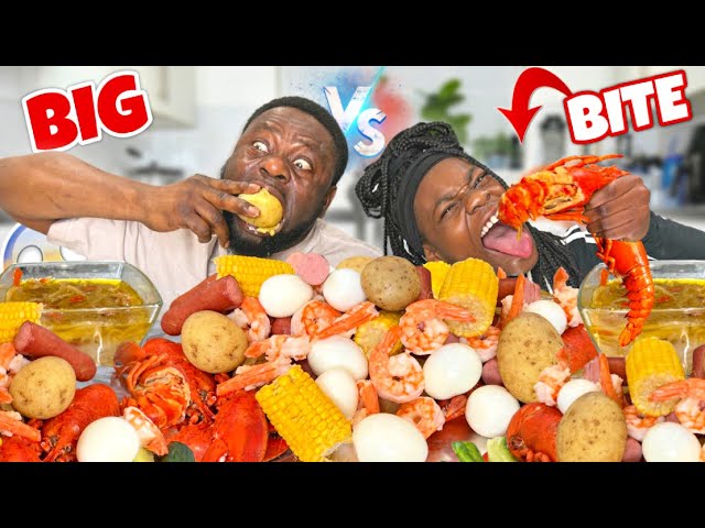 ONE BITE SEAFOOD BOIL MUKBANG CHALLENGE! 먹방 (LOBSTER TAIL, MEGA PRAWNS...) | The queens family