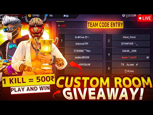 FREE FIRE LIVE CUSTOM ROOM GIVEAWAY | FF LIVE TEAM CODE GIVEAWAY | FF LIVE GIVEAWAY DJ ALOK |FF LIVE