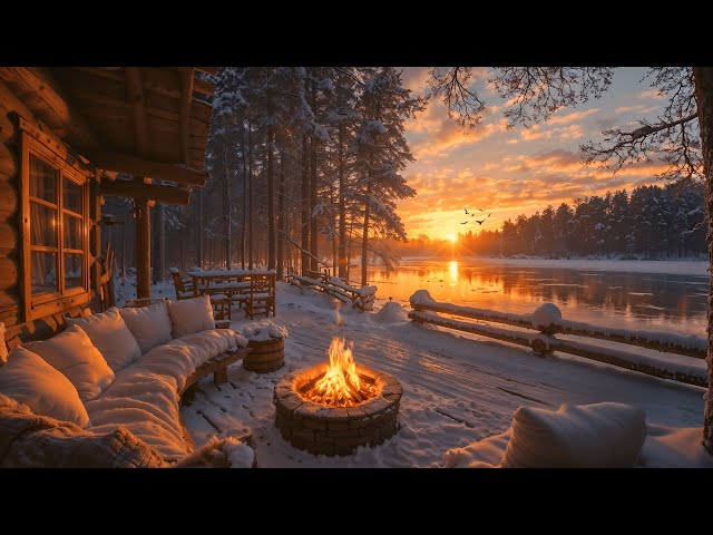 Warm Campfire and Nature Sounds Serene Morning Snowy Forest Ambience: Winter Lakefront Calm Relaxing