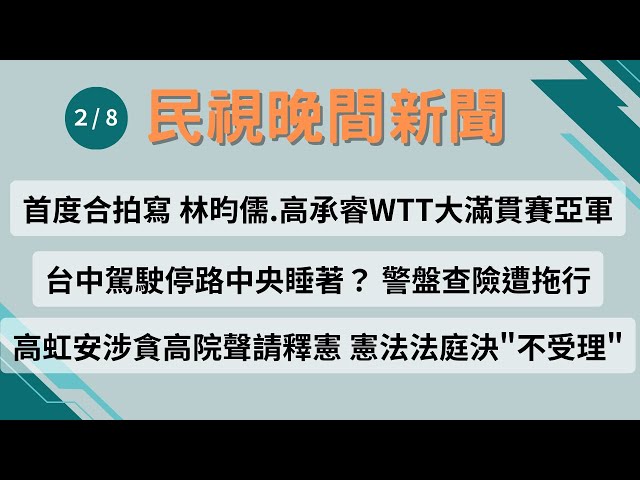 ⏰2025/02/08【#民視晚間新聞 LIVE】今夜頭條：首度合拍寫 林昀儒.高承睿WTT大滿貫賽亞軍　台中駕駛停路中央睡著？ 警盤查險遭拖行　高虹安涉貪高院聲請釋憲 憲法法庭決"不受理"