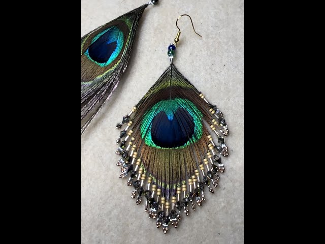 DIY tutorial Beaded Peacock Feather Earrings beautiful real feather & beads