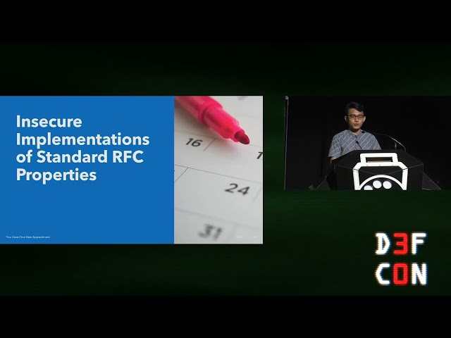 DEF CON 30 - Eugene Lim-  You Have 1 New Appwntment - Hacking Proprietary iCalendar Properties