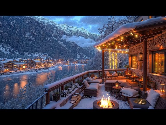 Serene Snowfall: Fireplace Glow, Smooth Jazz & Cozy Coffee Terrace Overlooking Winter Night Mountain