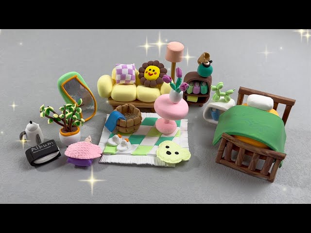 Miniature Polymer Clay Home furniture, sofa, mirror, bed, rug, pet, plants, bookshelf, foot tub EP32