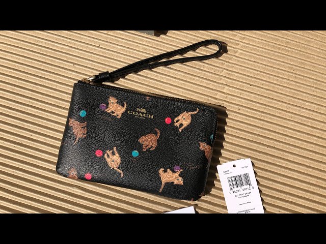 COACH ☜UNBOXING☞ Corner Zip Wristlet With Cat Print / C6434 / Black