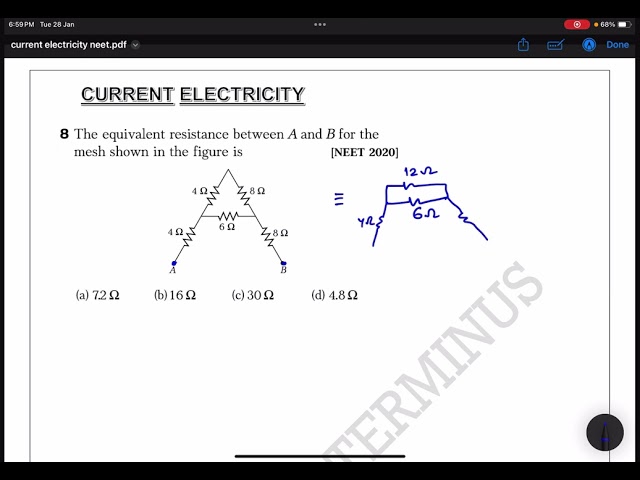 The equivalent resistance between A and B for the mesh shown in the figure is #neetpyq #neet2025